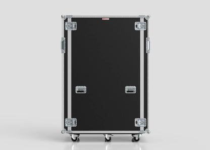 A 36U x 1032mm Suspended Shock Mounted Data Server Rack, black, with external dimensions of 1330 x 650 x 1922 mm, metal edges, reinforced corners, two side handles per side, and four bottom wheels, shown on a plain light background.