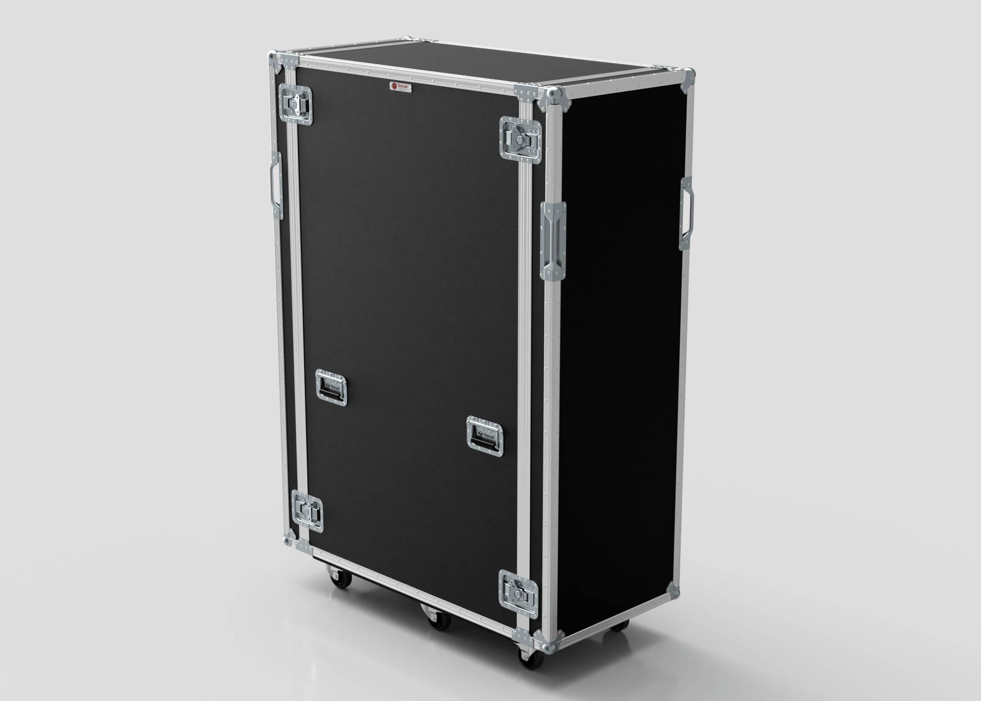 A 36U x 1032mm Suspended Shock Mounted Data Server Rack in black with silver metal edges, handles, and latches stands upright on four caster wheels (1330 x 650 x 1922 mm), shown against a plain white background.