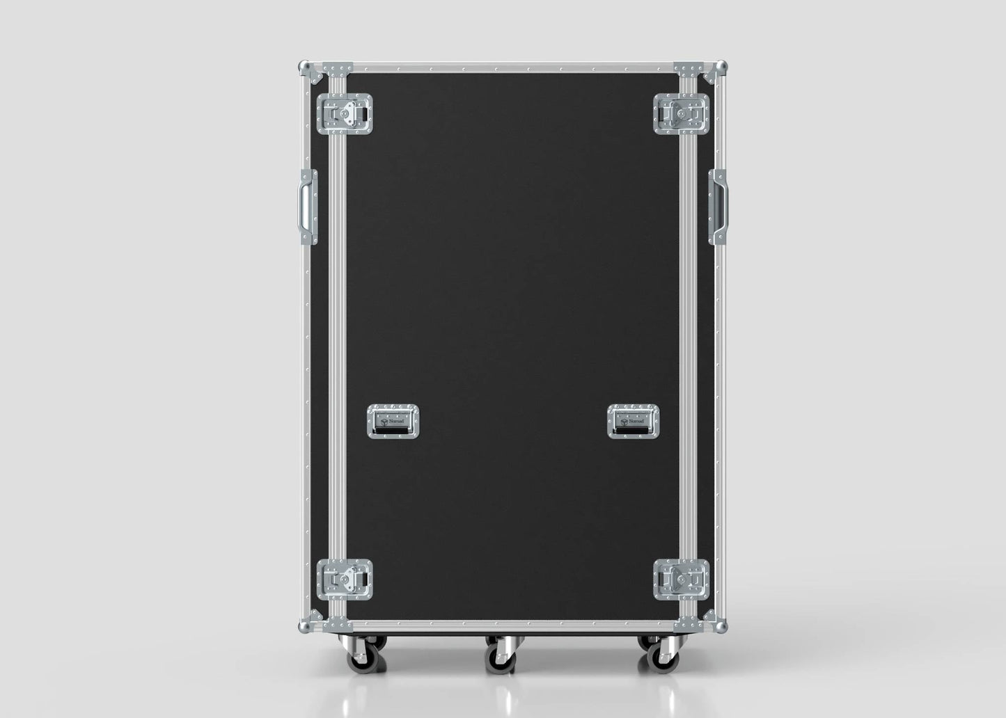 A 36U x 1032mm Suspended Shock Mounted Data Server Rack with black rectangular design, metal edges, latches, and handles stands upright on four caster wheels (1330 x 650 x 1922 mm) against a plain light background.