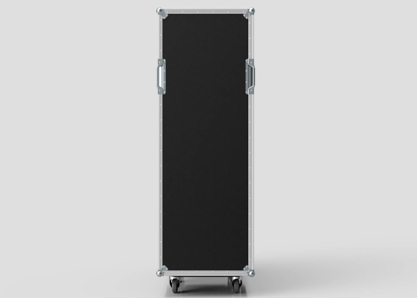 A 36U x 1032mm Suspended Shock Mounted Data Server Rack with metal edges, side handles, wheels, and external dimensions of 1067 x 650 x 1732 mm stands upright against a plain light background.