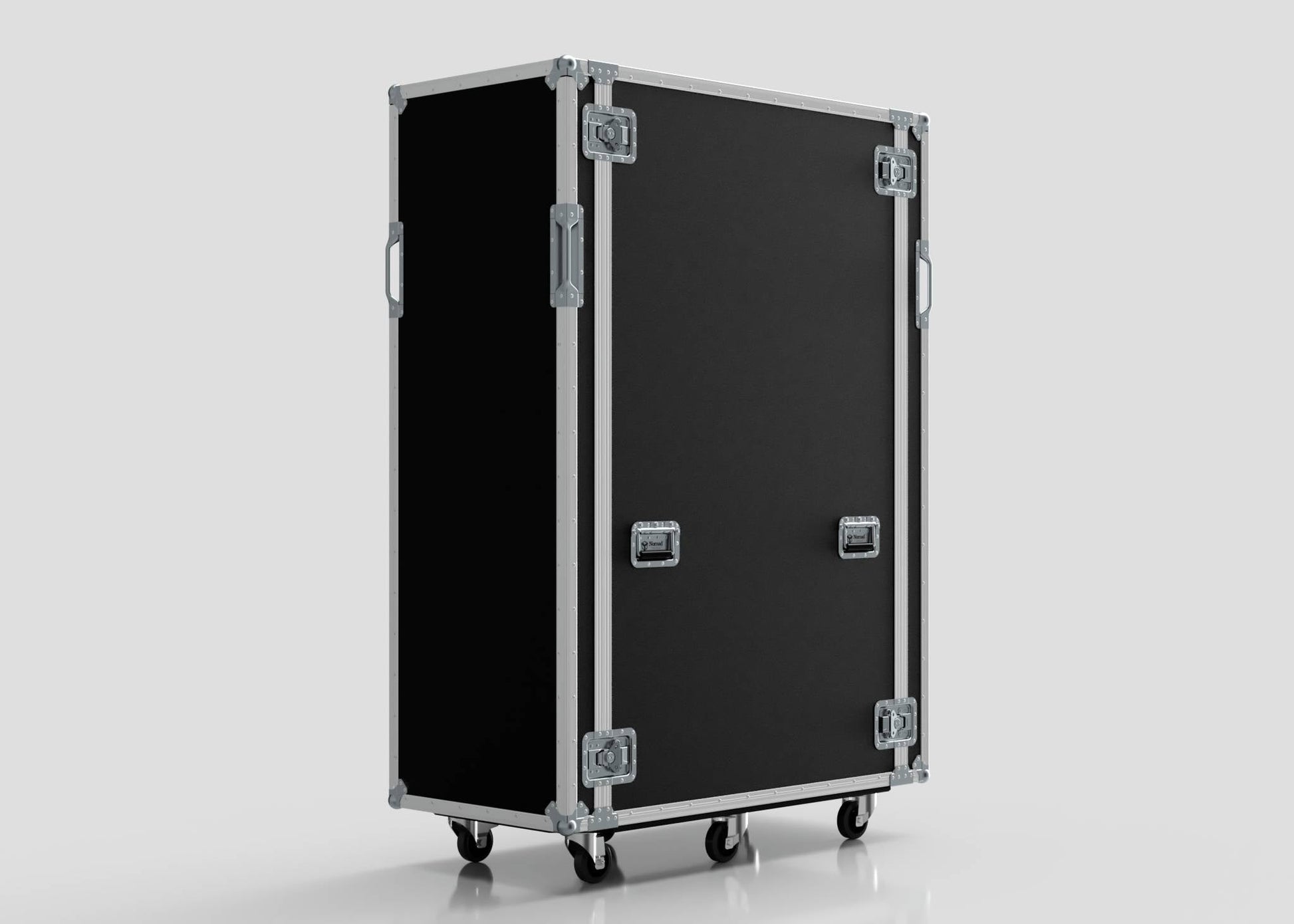 A 36U x 1032mm Suspended Shock Mounted Data Server Rack in a large black rectangular road case with metal edges, handles, latches, and four caster wheels; external dimensions: 1330 x 650 x 1922 mm.