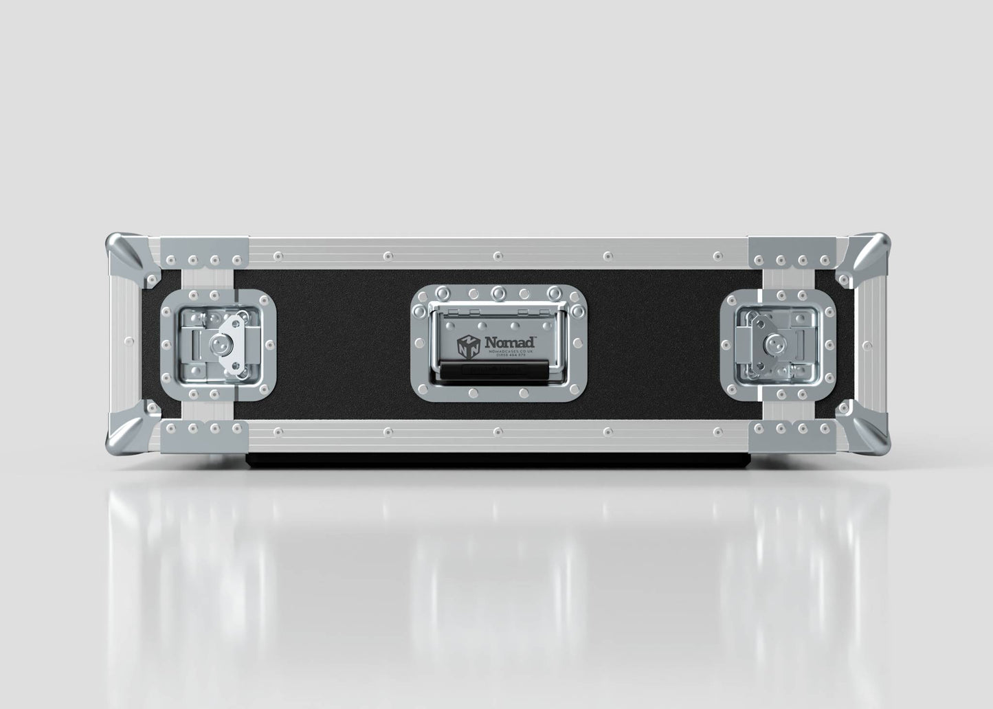 The 3U Foam Shock Mounted 19" Rack Case, in black and silver with reinforced metal corners, latches, handle, and Nomad logo, offers secure, durable transport—matching the strength of European Birch plywood designs.