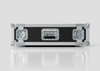 The 3U Foam Shock Mounted 19" Rack Case, in black and silver with reinforced metal corners, latches, handle, and Nomad logo, offers secure, durable transport—matching the strength of European Birch plywood designs.