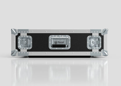 A 3U Foam Shock Mounted 19" Rack Case in black and silver, featuring metal edges, latches, and a foam mount rack interior labeled Nomad, stands against a plain light background.