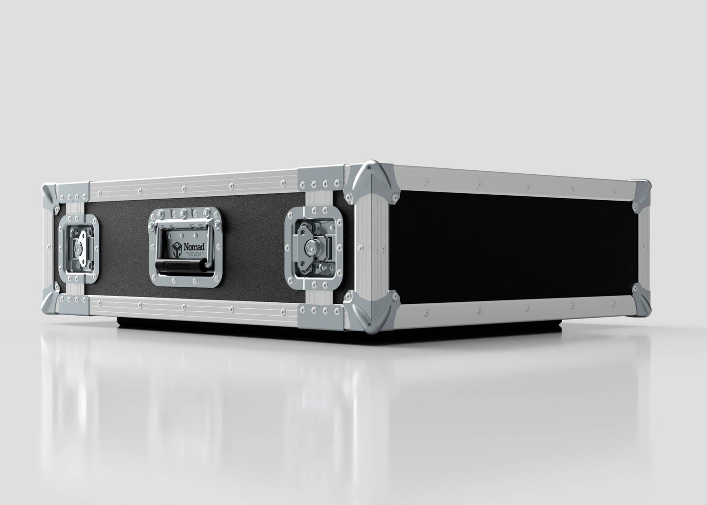 The 3U Foam Shock Mounted 19" Rack Case, featuring black and silver metal reinforcements, latch locks, and a handle, is displayed on a white surface against a light gray background.