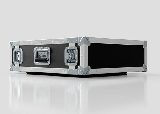 The 3U Foam Shock Mounted 19" Rack Case, featuring black and silver metal reinforcements, latch locks, and a handle, is displayed on a white surface against a light gray background.