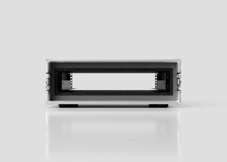 Front view of an empty 3U Foam Shock Mounted 19" Rack Case, featuring metal construction with side handles, set against a plain light background.