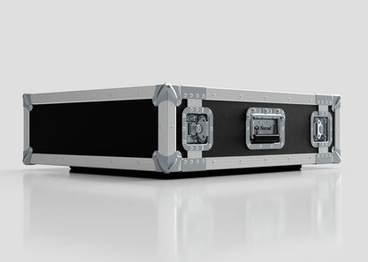 The 3U Foam Shock Mounted 19" Rack Case, featuring black and silver finish, reinforced metal corners and edges, heavy-duty latches, a side handle, and a foam mount rack, sits on a reflective white surface.