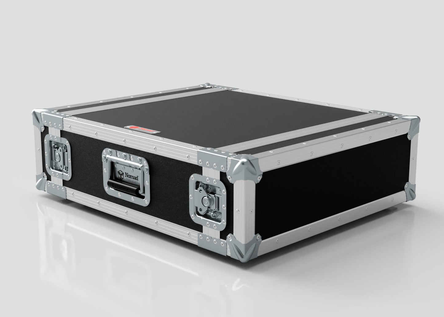 A 3U Foam Shock Mounted 19" Rack Case with a black hard shell, metal reinforcements, latches, handles, and foam rack interior sits on a reflective white surface.