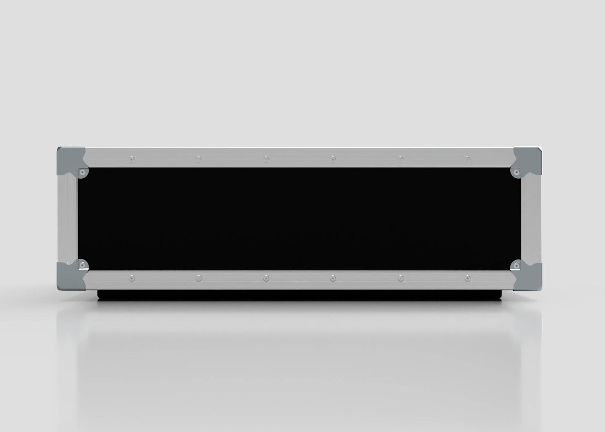 The 3U Shock Mount Slam Rack Case is pictured closed, featuring a rectangular black and silver metal design, photographed from the front against a plain light background.