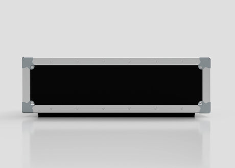 The 3U Shock Mount Slam Rack Case is pictured closed, featuring a rectangular black and silver metal design, photographed from the front against a plain light background.