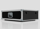 The 3U Shock Mount Slam Rack Case, featuring a black and silver design with metal corners and hardware, is shown closed on a plain light background.