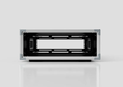 A front view of the 3U Shock Mount Slam Rack Case, an empty rectangular metal and plastic enclosure, is shown against a plain light gray background.