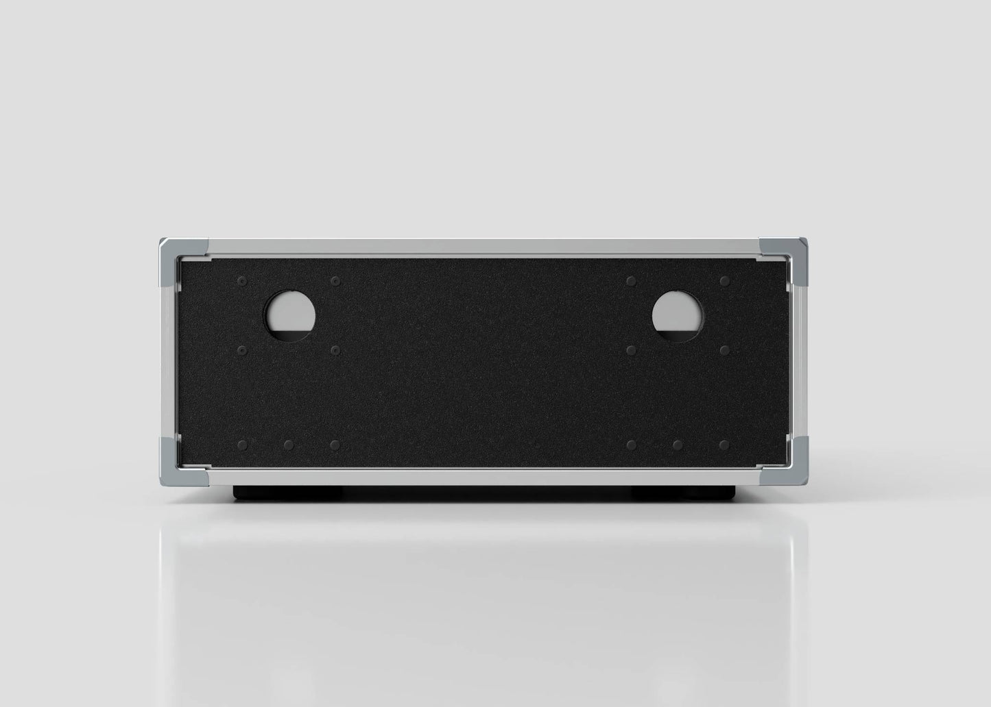 A 3U Shock Mount Slam Rack Case, a rectangular black metal electronic enclosure with two circular holes and multiple small screw holes on the front panel, is shown against a plain light gray background.