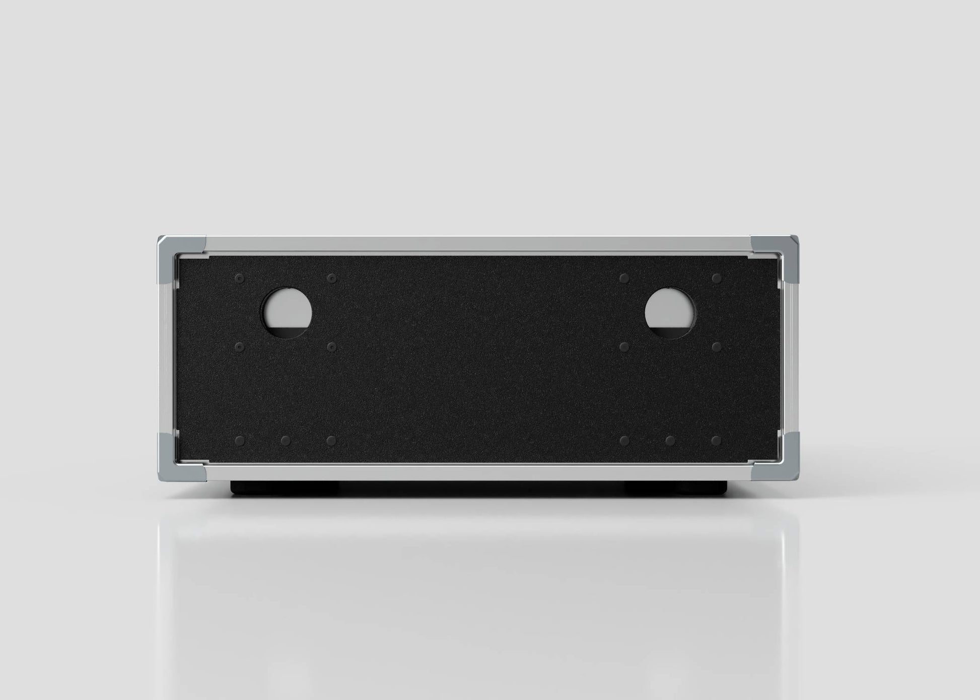 A 3U Shock Mount Slam Rack Case, a rectangular black metal electronic enclosure with two circular holes and multiple small screw holes on the front panel, is shown against a plain light gray background.