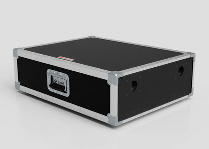 The 3U Shock Mount Slam Rack Case is a black, rectangular hard case with metal edges, corner protectors, a side handle, and two circular holes on one side, shown on a plain light background.