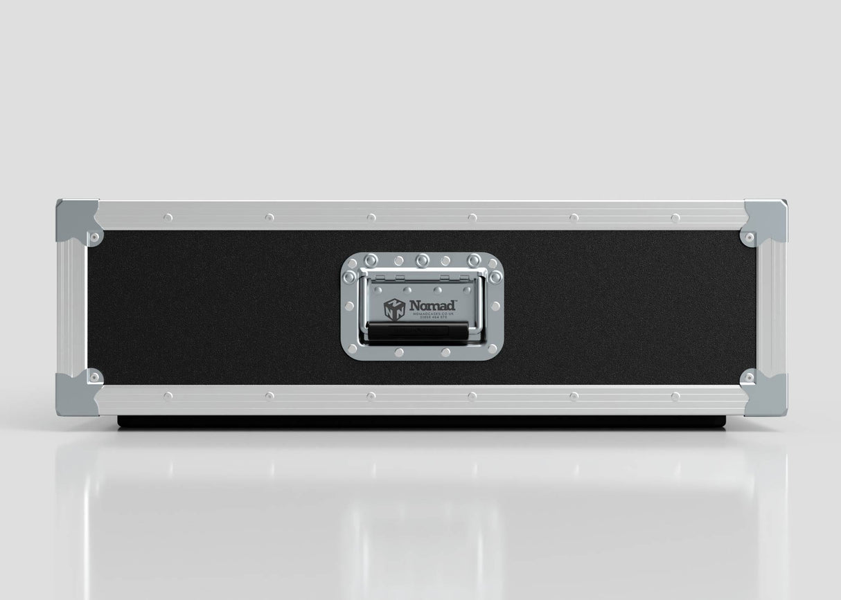 A black and silver 3U Shock Mount Slam Rack Case features metal edges, protective corners, a central handle, and a Nomad label, shown on a plain light background.