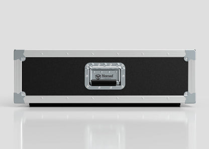 A black and silver 3U Shock Mount Slam Rack Case features metal edges, protective corners, a central handle, and a Nomad label, shown on a plain light background.