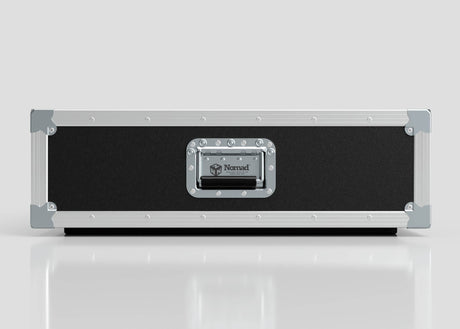 A black and silver 3U Shock Mount Slam Rack Case features metal edges, protective corners, a central handle, and a Nomad label, shown on a plain light background.