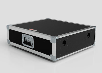 The 3U Slam Rack Case is a black rectangular hard case with metal edges, a front handle, and two circular holes on one side. Its external dimensions are 643 x 561 x 204 mm, and it is placed on a white surface.