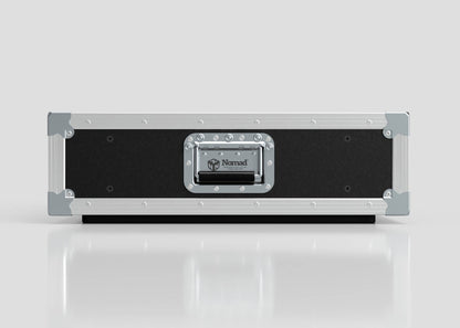 The 3U Slam Rack Case is a black and silver hard case with reinforced metal corners and a central handle featuring the Nomad logo, set on a reflective white surface; its external dimensions are 643 x 561 x 204 mm.