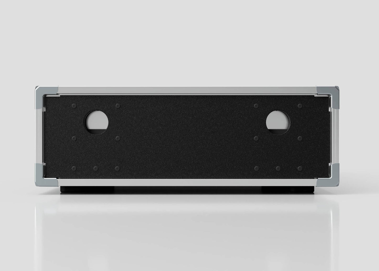 The 3U Slam Rack Case is a rectangular metal enclosure with a black front panel featuring two circular holes, shown against a plain light background. Its external dimensions are 643 x 561 x 204 mm.