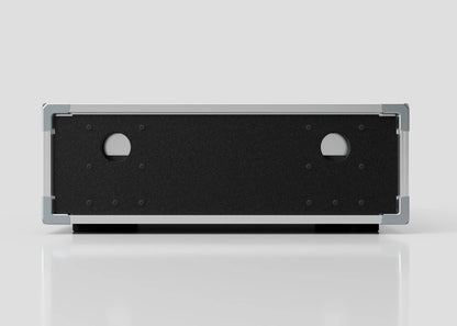 The 3U Slam Rack Case is a rectangular metal enclosure with a black front panel featuring two circular holes, shown against a plain light background. Its external dimensions are 643 x 561 x 204 mm.