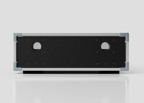 The 3U Slam Rack Case is a rectangular metal enclosure with a black front panel featuring two circular holes, shown against a plain light background. Its external dimensions are 643 x 561 x 204 mm.
