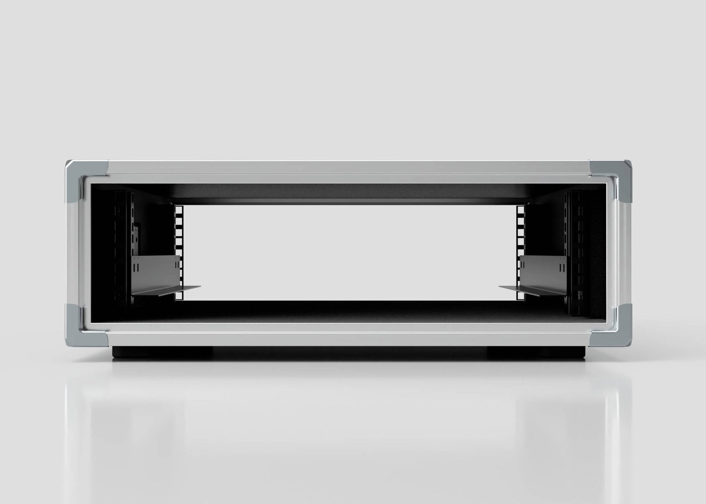 Front view of an empty 3U Slam Rack Case on a white reflective surface, showing an open slot and internal rails for mounting equipment. External dimensions: 643 x 561 x 204 mm.
