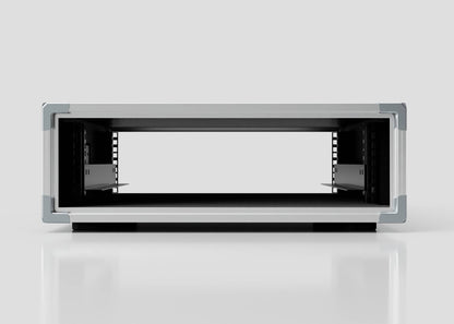 Front view of an empty 3U Slam Rack Case on a white reflective surface, showing an open slot and internal rails for mounting equipment. External dimensions: 643 x 561 x 204 mm.