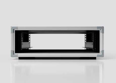 Front view of an empty 3U Slam Rack Case on a white reflective surface, showing an open slot and internal rails for mounting equipment. External dimensions: 643 x 561 x 204 mm.