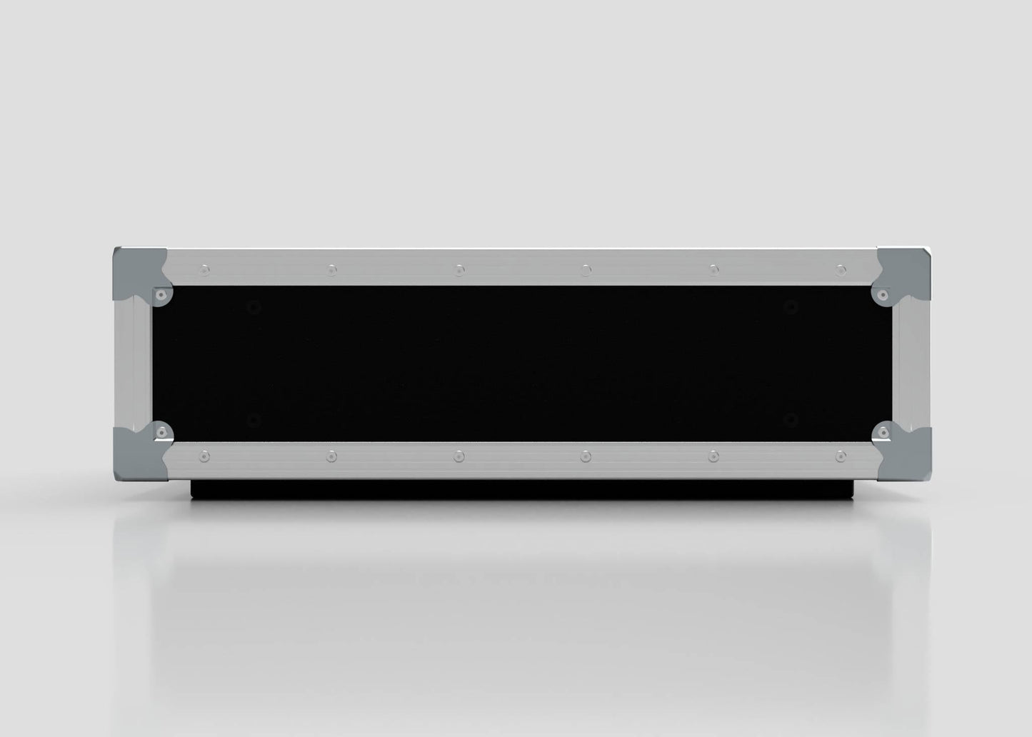 The 3U Slam Rack Case, a rectangular black and silver metal case with reinforced corners, is displayed on a plain white background, emphasizing its sturdy build and external dimensions of 643 x 561 x 204 mm.