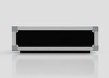 The 3U Slam Rack Case, a rectangular black and silver metal case with reinforced corners, is displayed on a plain white background, emphasizing its sturdy build and external dimensions of 643 x 561 x 204 mm.
