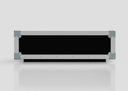 The 3U Slam Rack Case, a rectangular black and silver metal case with reinforced corners, is displayed on a plain white background, emphasizing its sturdy build and external dimensions of 643 x 561 x 204 mm.