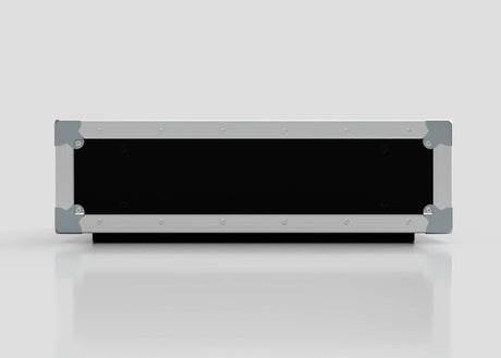 The 3U Slam Rack Case, a rectangular black and silver metal case with reinforced corners, is displayed on a plain white background, emphasizing its sturdy build and external dimensions of 643 x 561 x 204 mm.