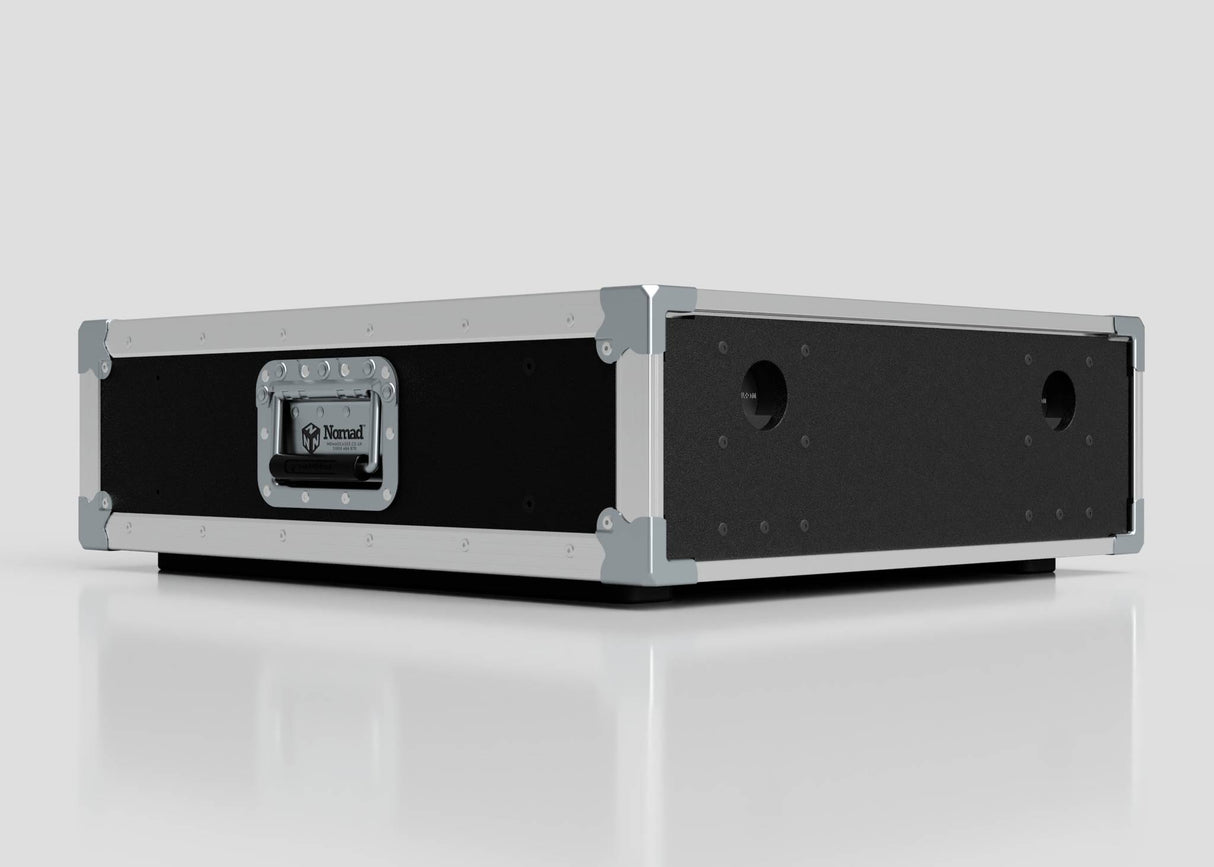A 3U Slam Rack Case, a rectangular black and silver hard case with metal reinforcements, front handle, and side circular cutouts (external dimensions: 643 x 561 x 204 mm), is placed on a white surface.