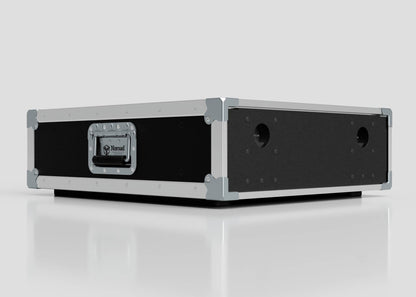 A 3U Slam Rack Case, a rectangular black and silver hard case with metal reinforcements, front handle, and side circular cutouts (external dimensions: 643 x 561 x 204 mm), is placed on a white surface.