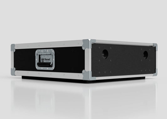 A 3U Slam Rack Case, a rectangular black and silver hard case with metal reinforcements, front handle, and side circular cutouts (external dimensions: 643 x 561 x 204 mm), is placed on a white surface.