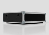 The 3U Slam Rack Case, featuring a black rectangular design with metal edges and reinforced corners, is displayed against a plain light background. Its external dimensions are 643 x 561 x 204 mm.