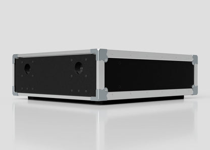 The 3U Slam Rack Case, featuring a black rectangular design with metal edges and reinforced corners, is displayed against a plain light background. Its external dimensions are 643 x 561 x 204 mm.