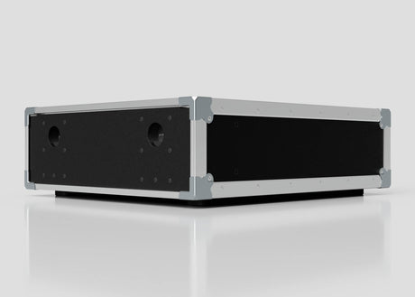 The 3U Slam Rack Case, featuring a black rectangular design with metal edges and reinforced corners, is displayed against a plain light background. Its external dimensions are 643 x 561 x 204 mm.