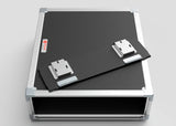 The 3U Slam Rack Case is a black and silver rectangular equipment case with a removable panel, exposed metal hinges, and latches. Its external dimensions are 643 x 561 x 204 mm, making it suitable for diverse requirements.