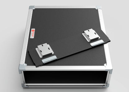 The 3U Slam Rack Case is a black and silver rectangular equipment case with a removable panel, exposed metal hinges, and latches. Its external dimensions are 643 x 561 x 204 mm, making it suitable for diverse requirements.