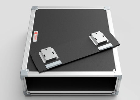The 3U Slam Rack Case is a black and silver rectangular equipment case with a removable panel, exposed metal hinges, and latches. Its external dimensions are 643 x 561 x 204 mm, making it suitable for diverse requirements.
