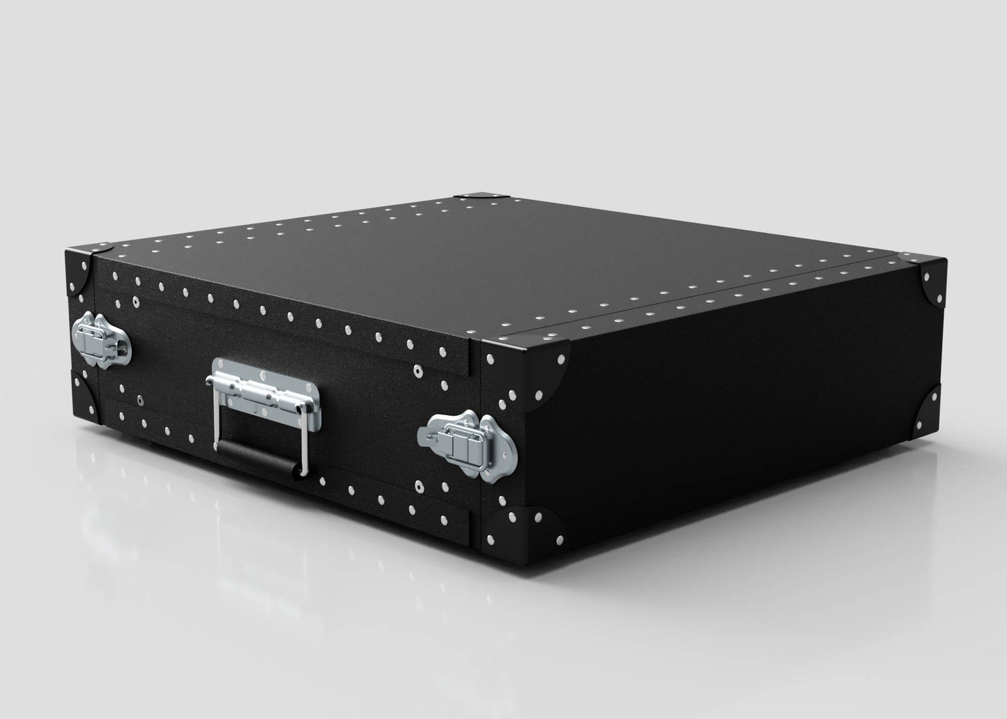 The 3U Standard Poly Rack Case, a lightweight black rectangular flight case with metal rivets, handle, and padlockable latches, is displayed against a plain white background.