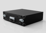 The 3U Lite Guard™ Standard Rack Case—lightweight HDPE with black finish, silver rivets, latches, and handle—evokes rugged rack case style while protecting your gear on a glossy white surface against a plain background.