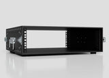 The 3U Lite Guard™ Standard Rack Case, a lightweight HDPE 19-inch rack with open front/back, metal side handles, and perforated side rails, provides reliable protection—shown on a reflective surface with a plain background.