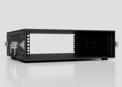 The 3U Standard Poly Rack Case is a black, empty rackmount case with metal handles and front ventilation holes—ideal for those seeking lightweight flight cases or versatile poly racks.