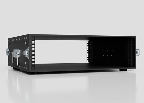 The 3U Lite Guard™ Standard Rack Case, a lightweight HDPE 19-inch rack with open front/back, metal side handles, and perforated side rails, provides reliable protection—shown on a reflective surface with a plain background.