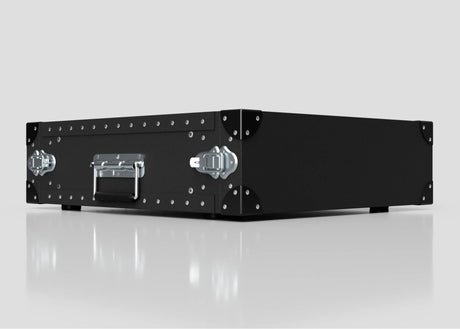 A 3U Lite Guard™ Standard Rack Case—lightweight HDPE 19-inch rack with metal corners, latches, and a handle—sits on a reflective surface against a plain light background.